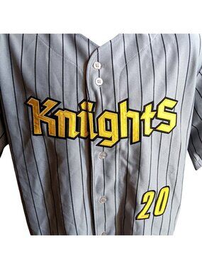 Vintage Baseball Jersey Large Y2K Knights Pinstripe Gray Yellow Sewn Letters